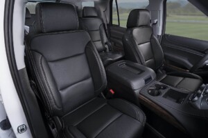 Black leather SUV front seats and console